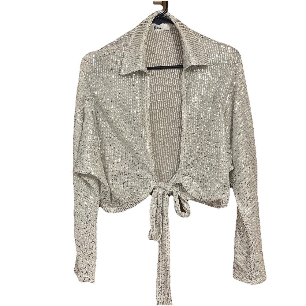 Believe sparkle Cropped Tie Front Blouse Cardigan Size Large